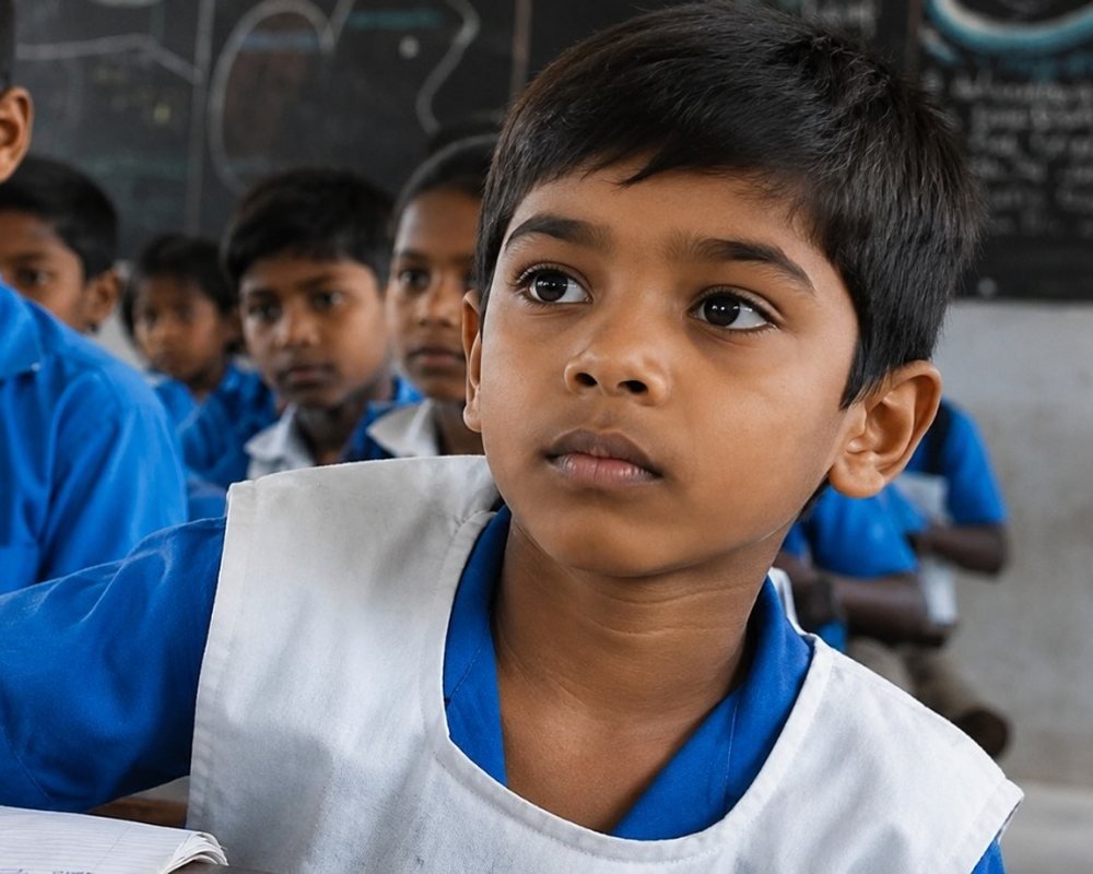 A boy writing in his notebook at a Jeevankriti Foundation learning centre
